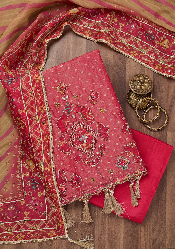 Magenta Pink Zariwork Semi Crepe Unstitched Salwar Suit-Koskii