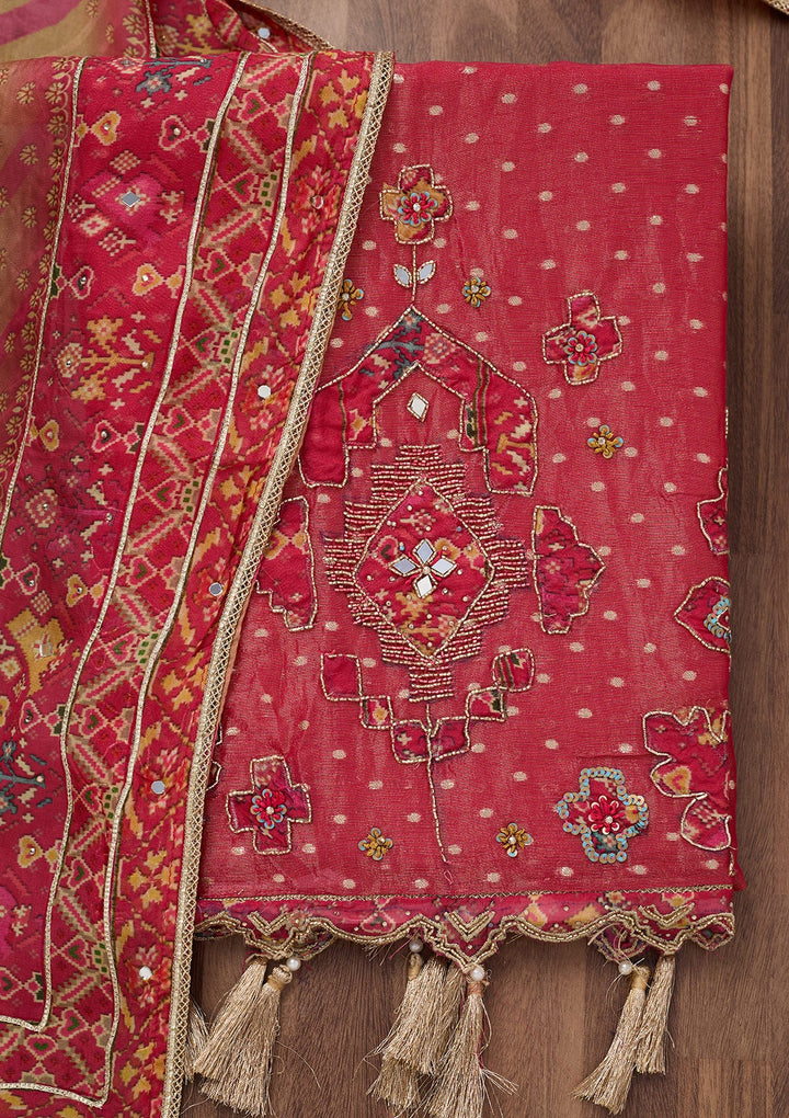 Magenta Pink Zariwork Semi Crepe Unstitched Salwar Suit-Koskii