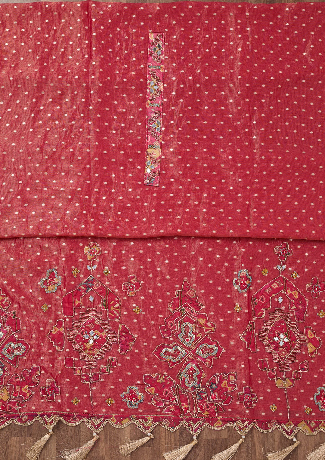 Magenta Pink Zariwork Semi Crepe Unstitched Salwar Suit-Koskii