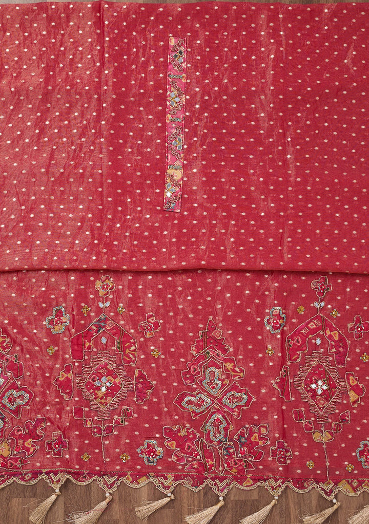 Magenta Pink Zariwork Semi Crepe Unstitched Salwar Suit-Koskii