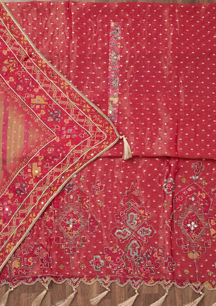 Magenta Pink Zariwork Semi Crepe Unstitched Salwar Suit-Koskii
