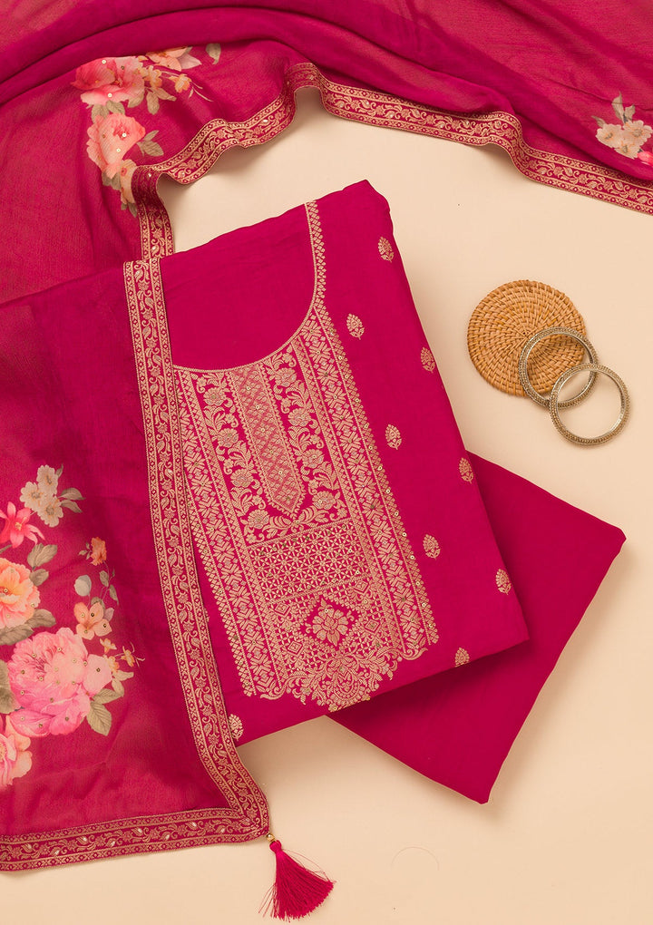 Magenta Pink Zariwork Semi Crepe Unstitched Salwar Suit-Koskii