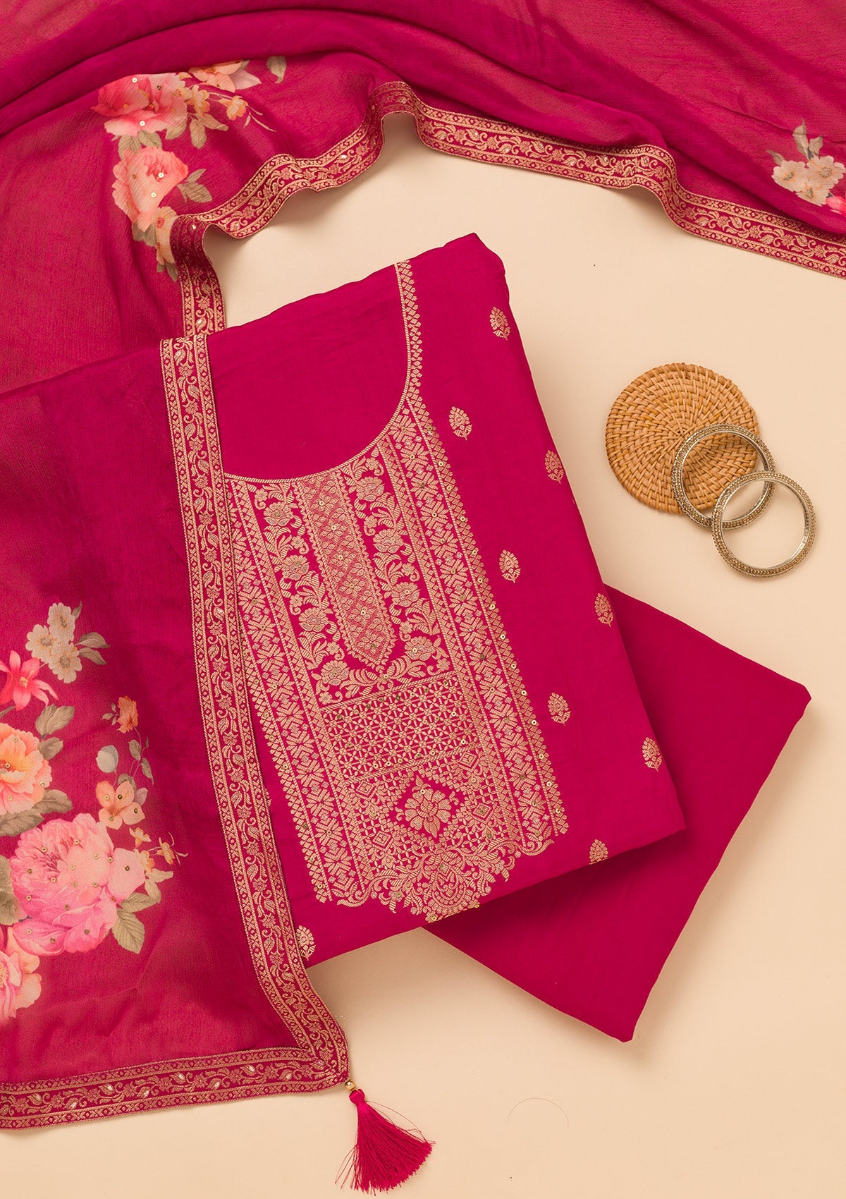 Magenta Pink Zariwork Semi Crepe Unstitched Salwar Suit-Koskii