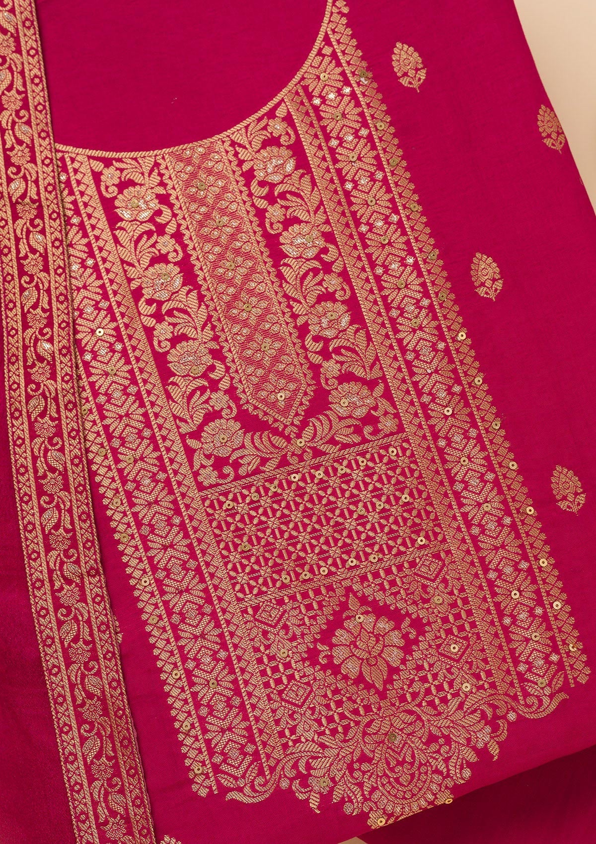 Magenta Pink Zariwork Semi Crepe Unstitched Salwar Suit