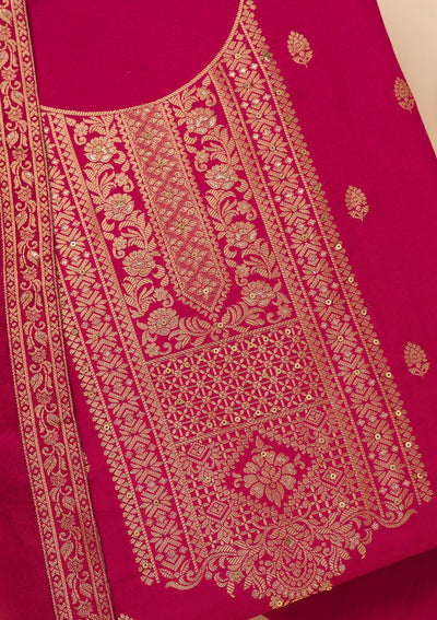 Magenta Pink Zariwork Semi Crepe Unstitched Salwar Suit