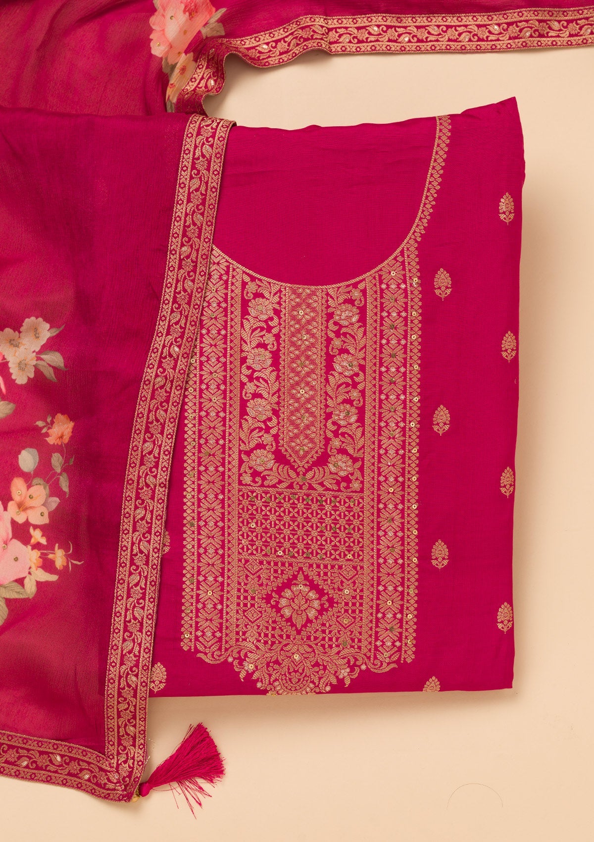 Magenta Pink Zariwork Semi Crepe Unstitched Salwar Suit