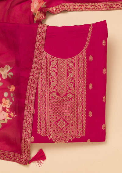 Magenta Pink Zariwork Semi Crepe Unstitched Salwar Suit