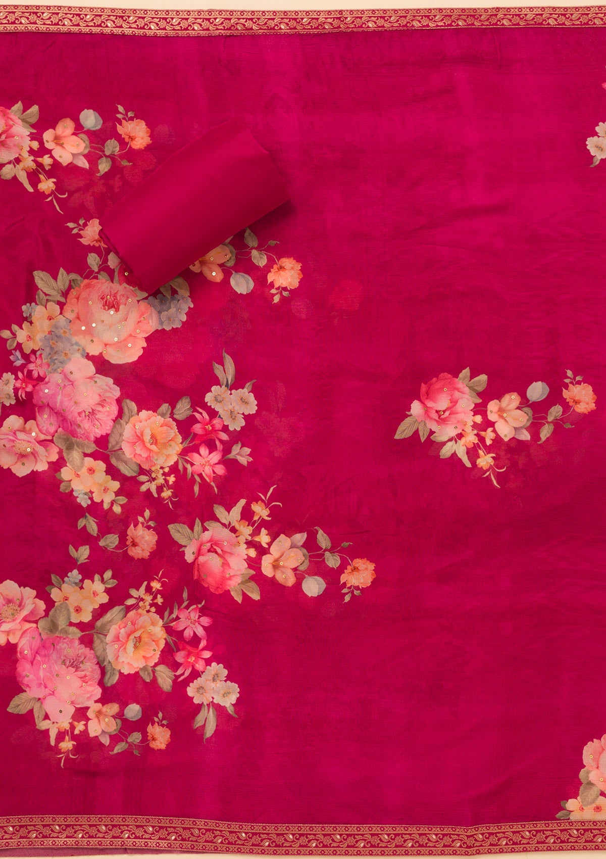Magenta Pink Zariwork Semi Crepe Unstitched Salwar Suit
