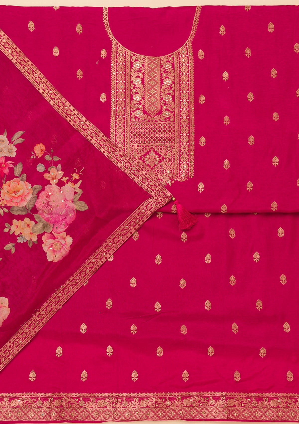 Magenta Pink Zariwork Semi Crepe Unstitched Salwar Suit