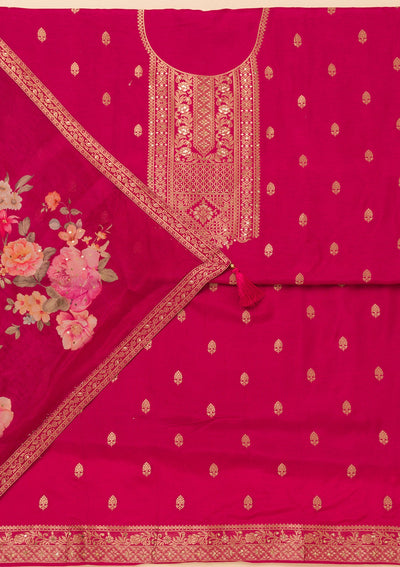 Magenta Pink Zariwork Semi Crepe Unstitched Salwar Suit