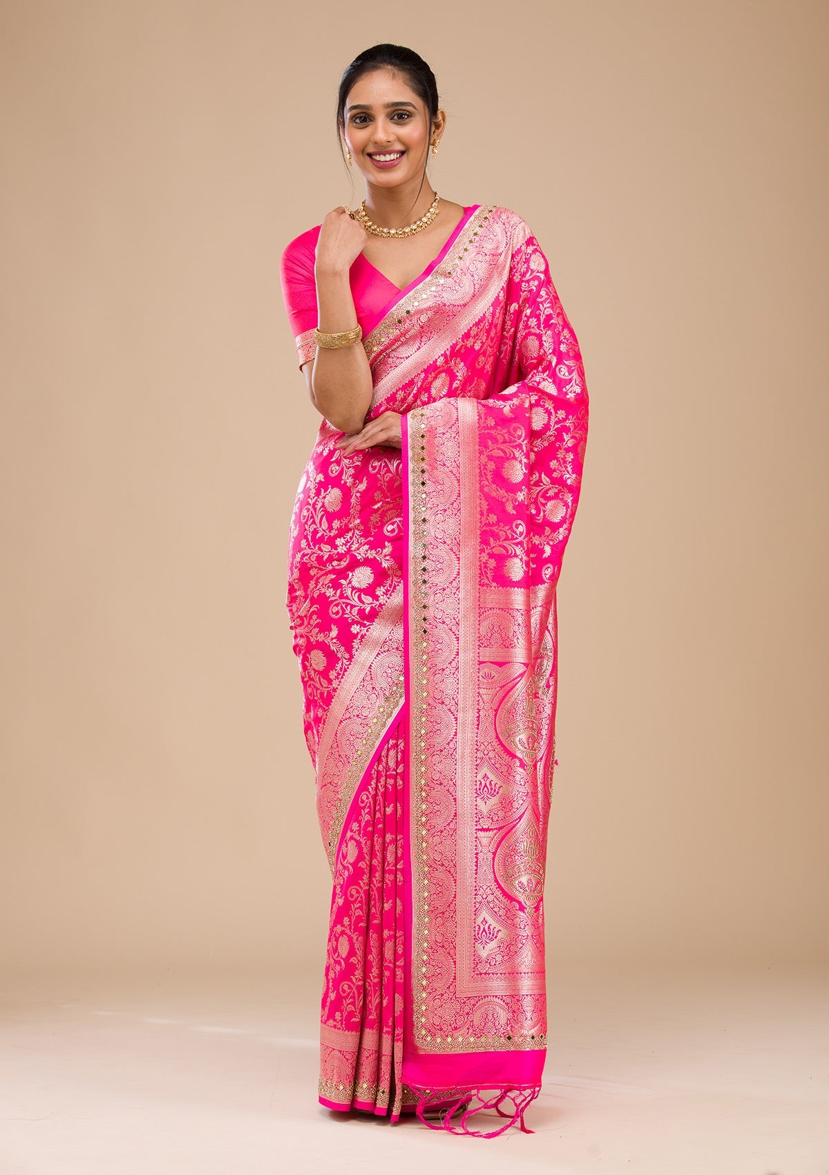 Magenta Pink Zariwork Banarasi Silk Saree