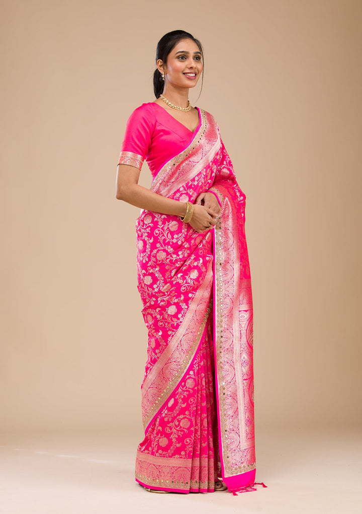 Magenta Pink Zariwork Banarasi Silk Saree