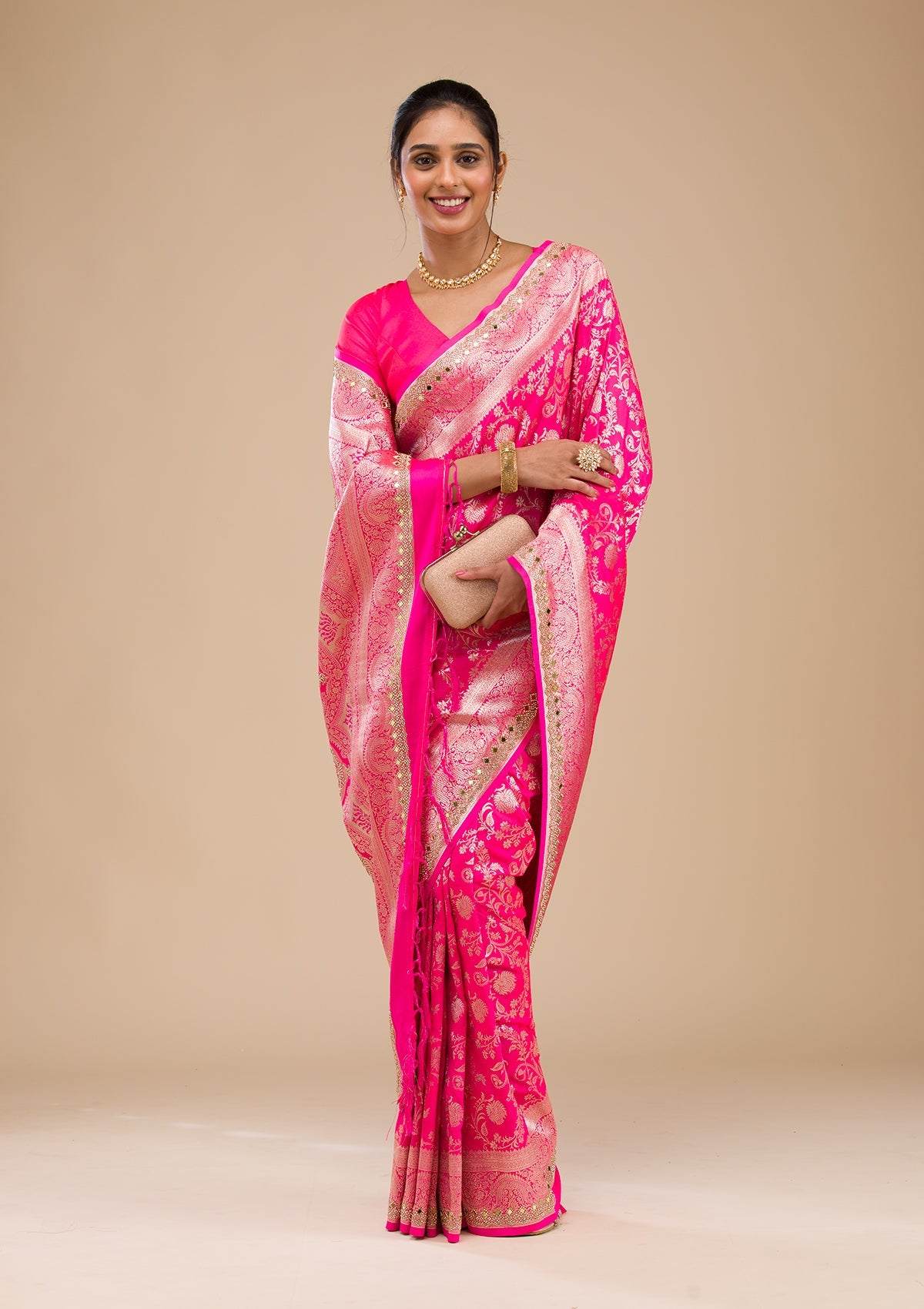 Magenta Pink Zariwork Banarasi Silk Saree