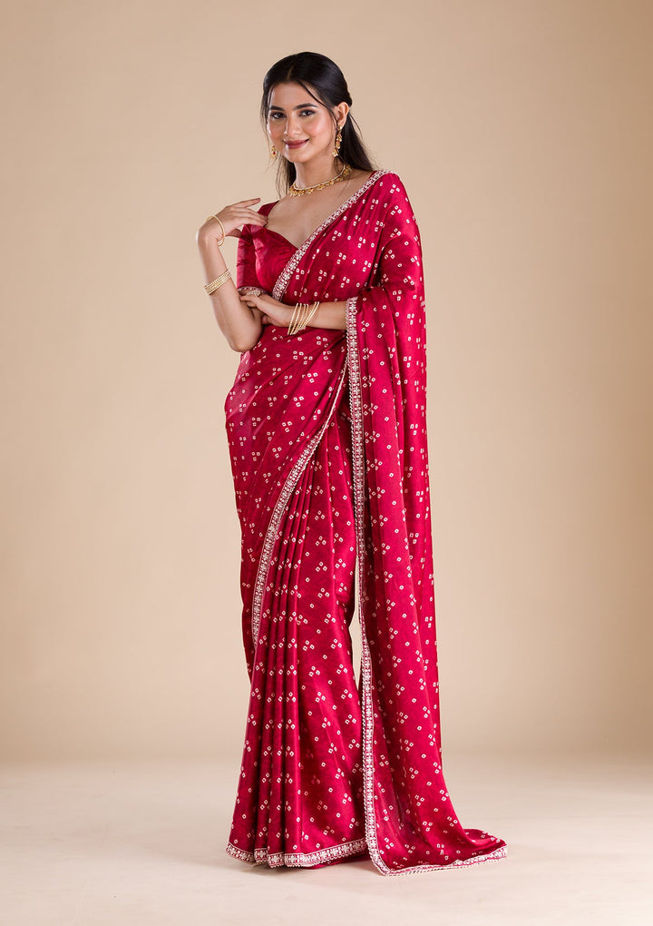 Maroon Bandini Print Satin Saree-Koskii