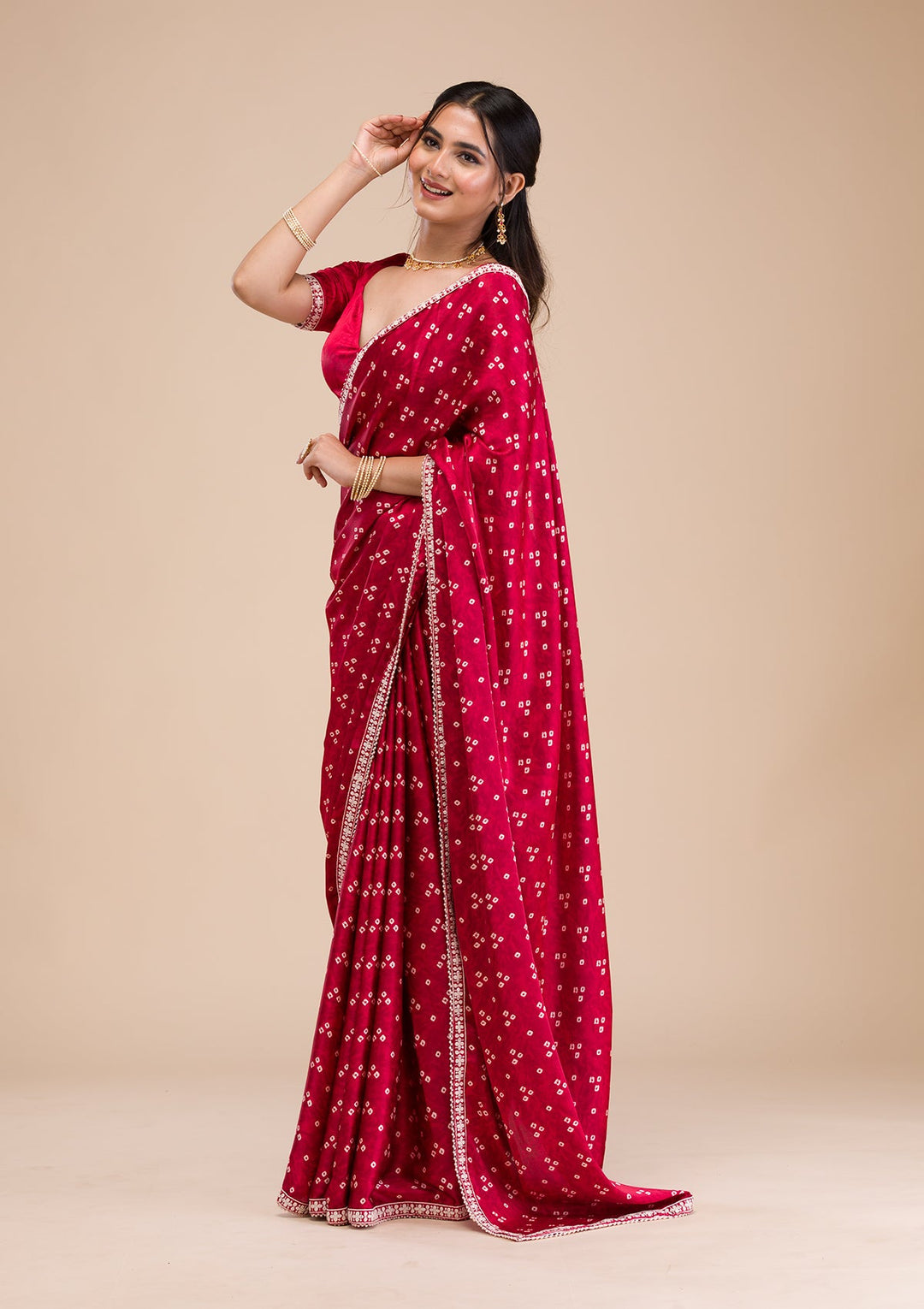 Maroon Bandini Print Satin Saree-Koskii