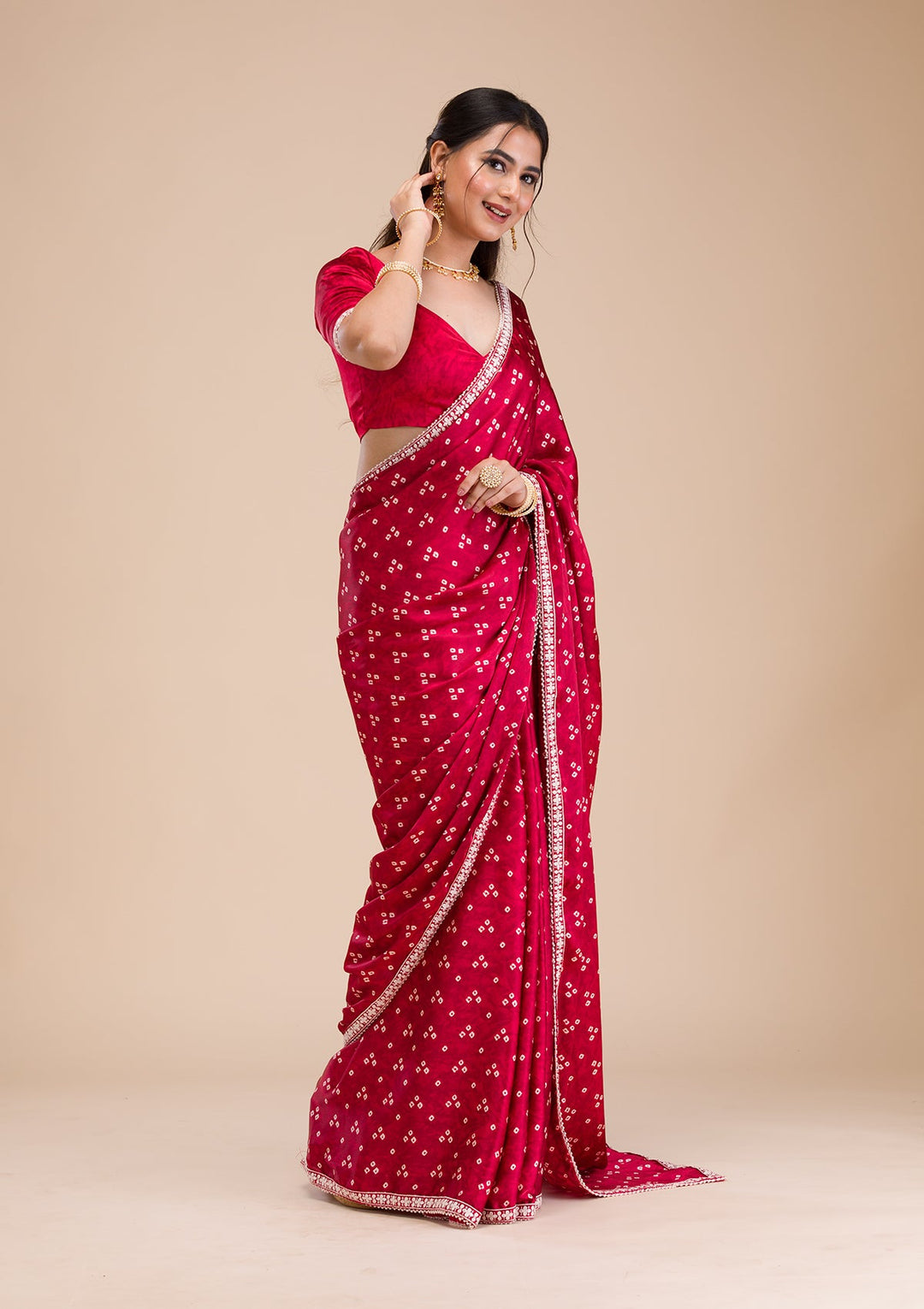 Maroon Bandini Print Satin Saree-Koskii