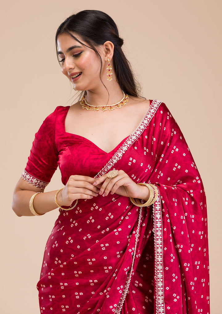 Maroon Bandini Print Satin Saree-Koskii