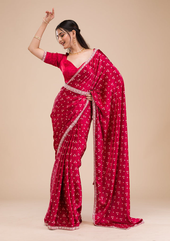 Maroon Bandini Print Satin Saree-Koskii