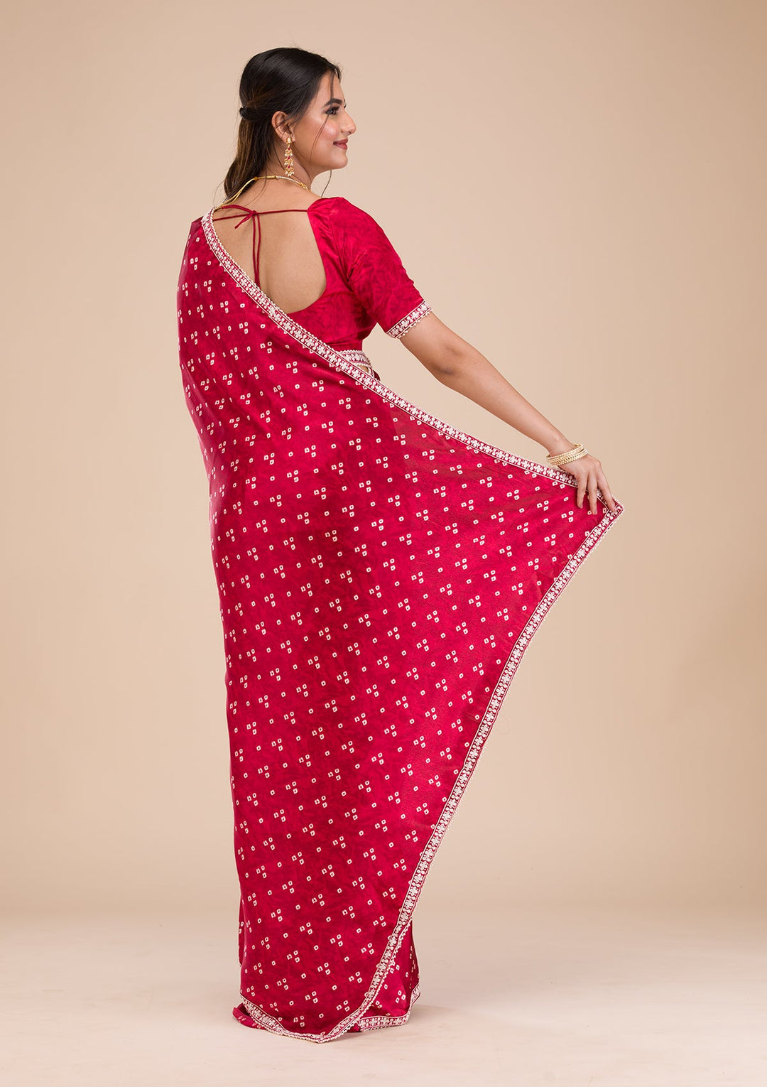 Maroon Bandini Print Satin Saree-Koskii