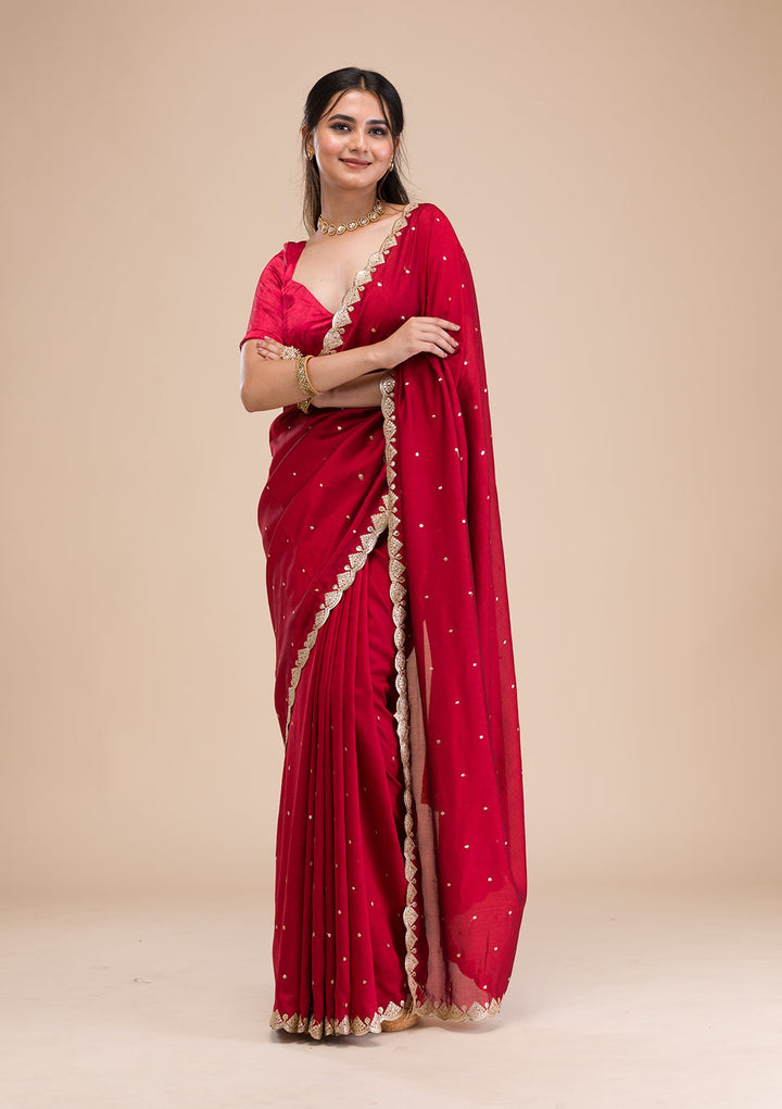 Maroon Gotapatti Raw Silk Saree-Koskii