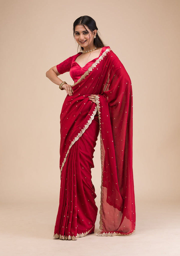 Maroon Gotapatti Raw Silk Saree-Koskii