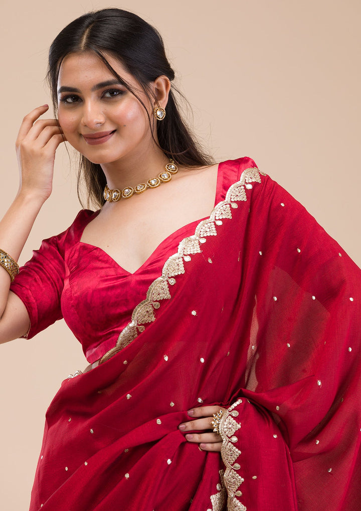 Maroon Gotapatti Raw Silk Saree-Koskii