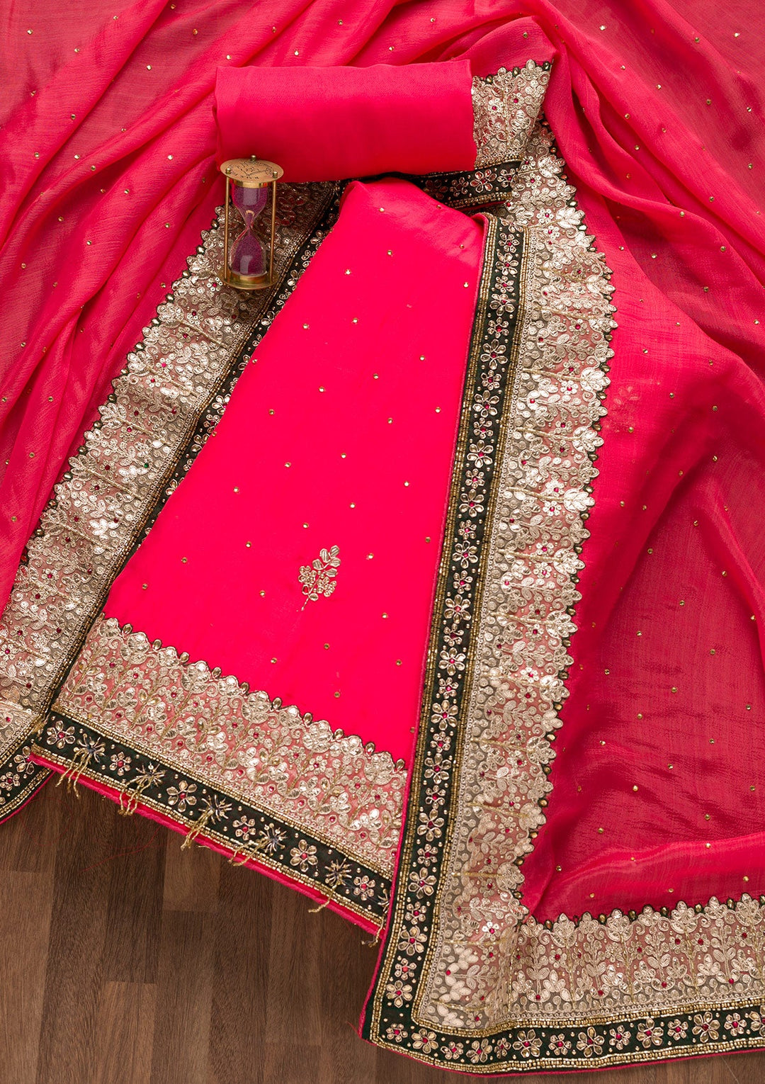 Red Gotapatti Semi Crepe Unstitched Salwar Suit-Koskii