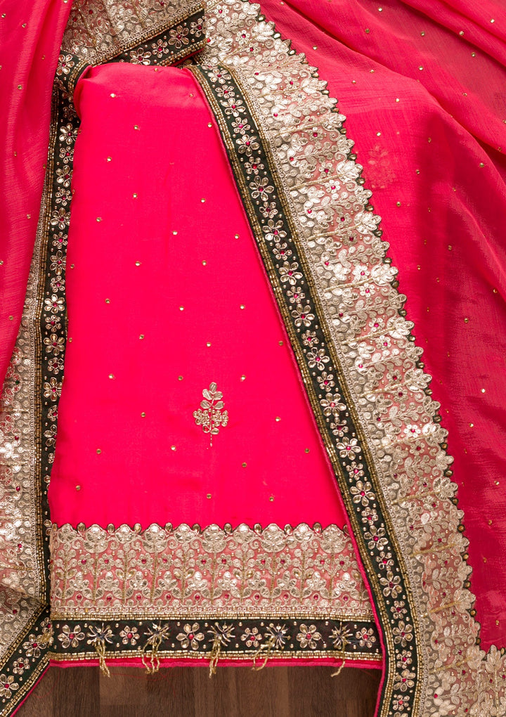 Red Gotapatti Semi Crepe Unstitched Salwar Suit-Koskii