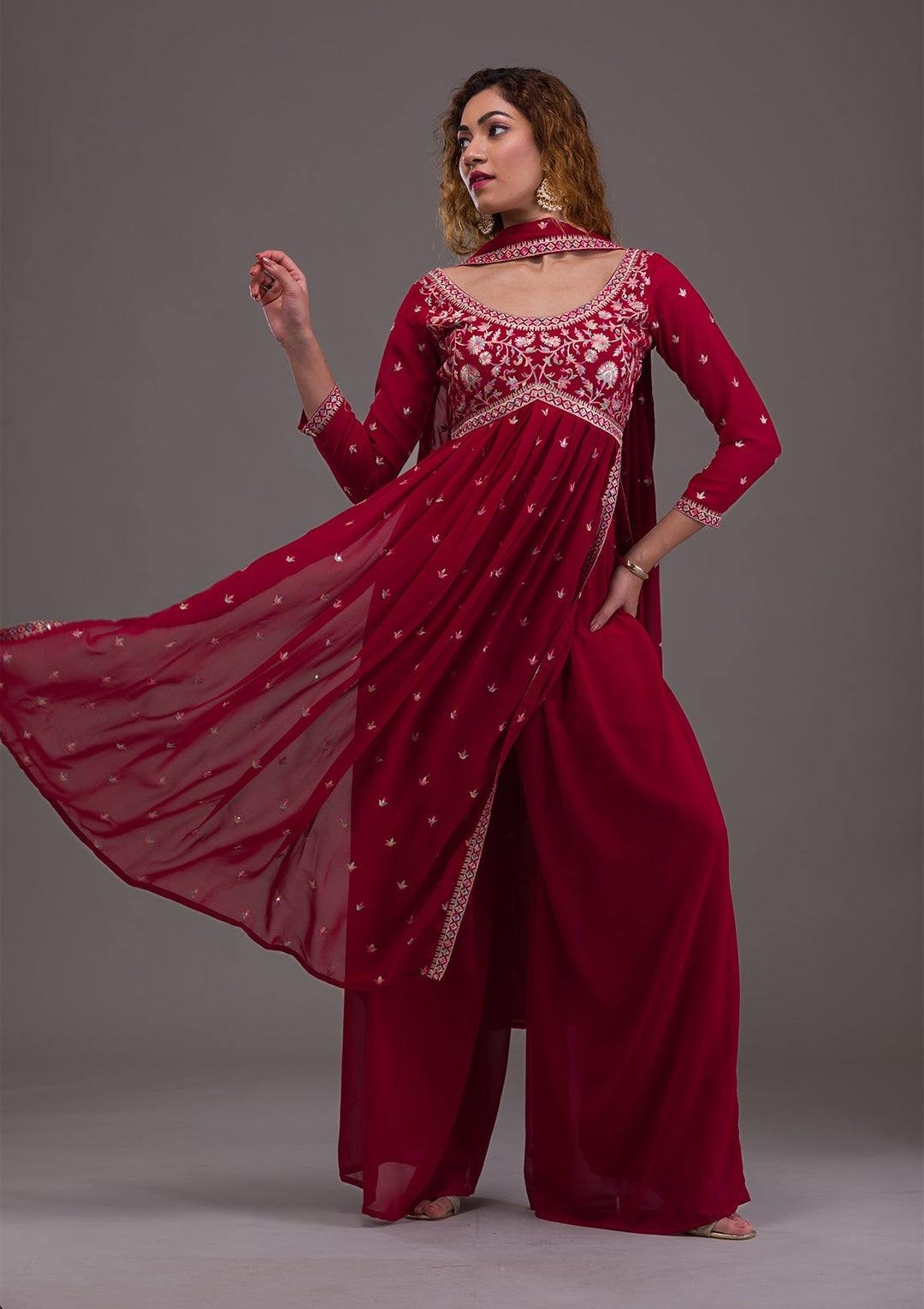 Maroon Kashmiri Threadwork Georgette Readymade Salwar Kameez-Koskii