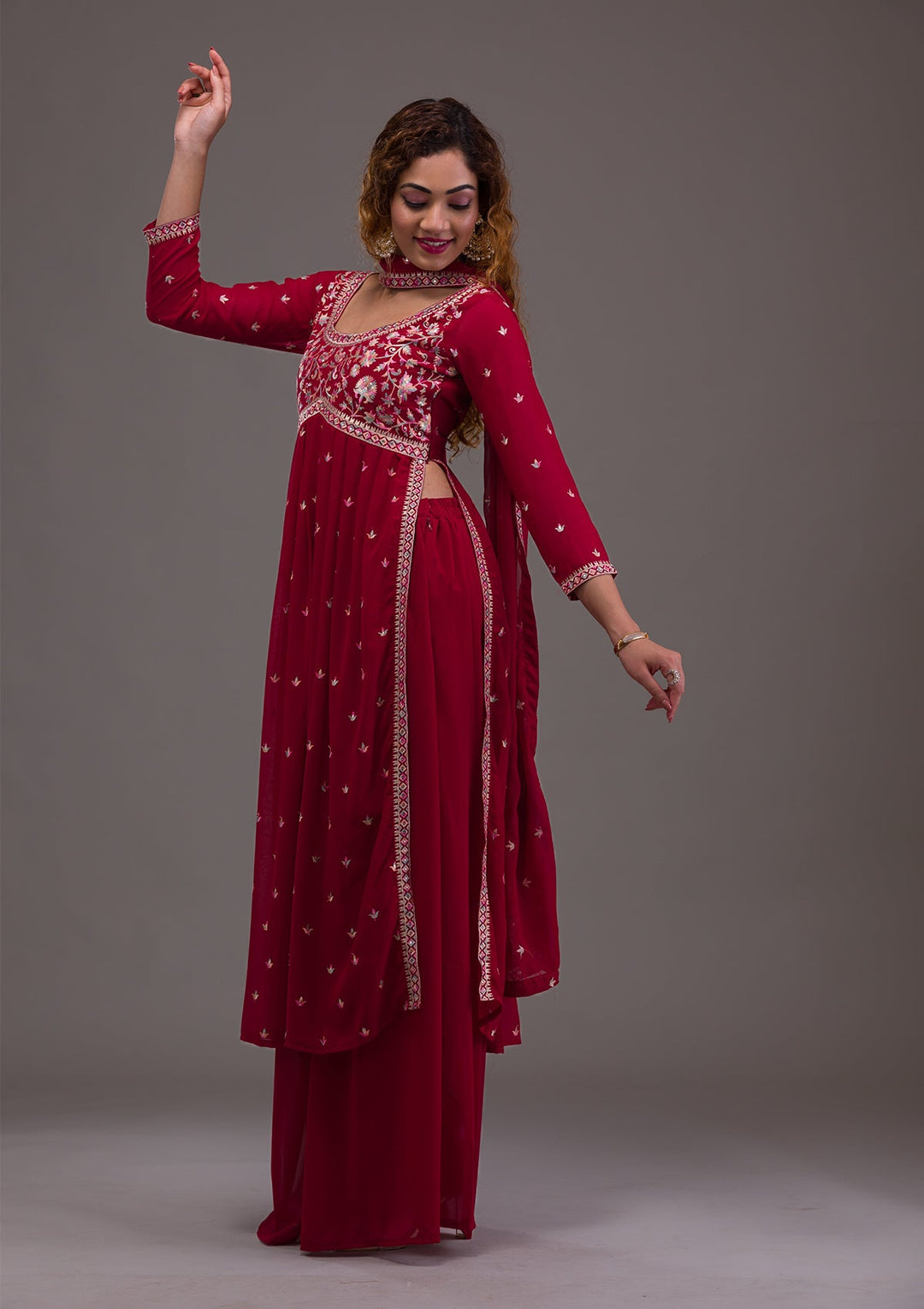 Maroon Kashmiri Threadwork Georgette Readymade Salwar Kameez-Koskii