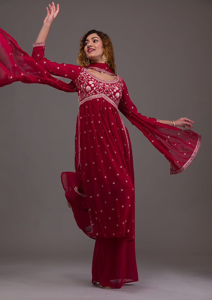 Maroon Kashmiri Threadwork Georgette Readymade Salwar Kameez-Koskii