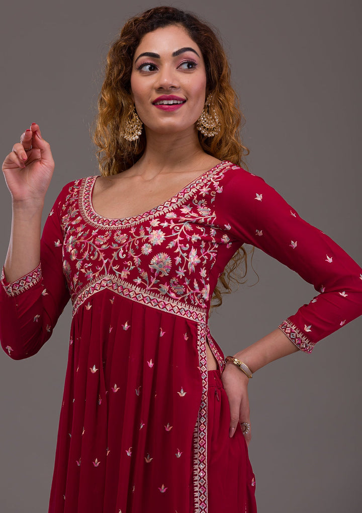 Maroon Kashmiri Threadwork Georgette Readymade Salwar Kameez-Koskii