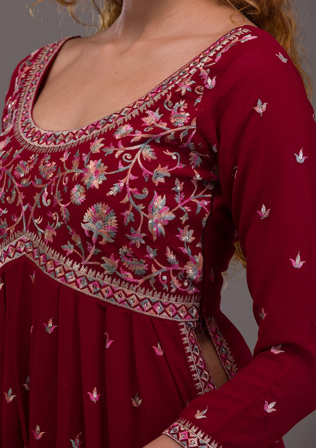 Maroon Kashmiri Threadwork Georgette Readymade Salwar Kameez-Koskii