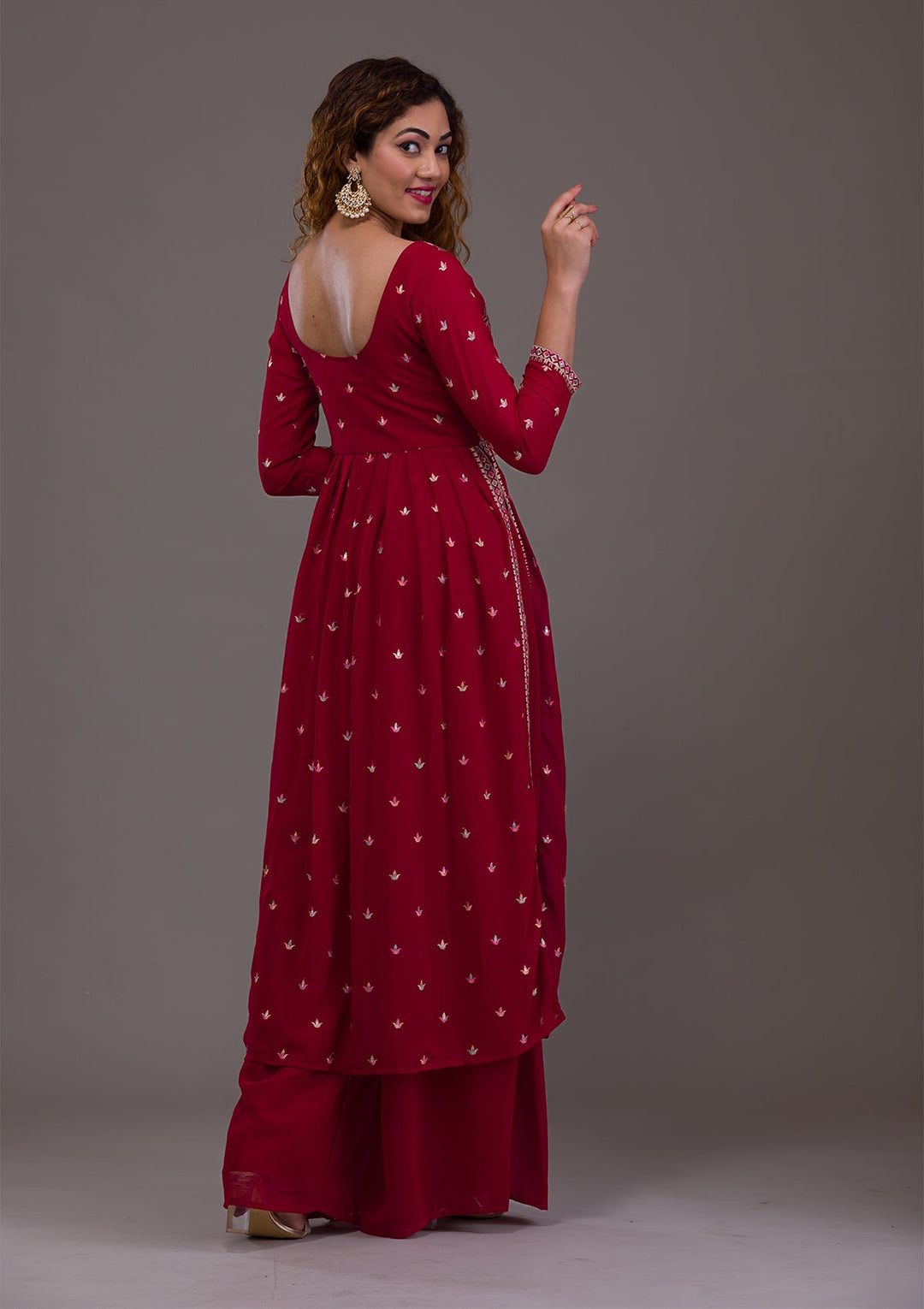 Maroon Kashmiri Threadwork Georgette Readymade Salwar Kameez-Koskii