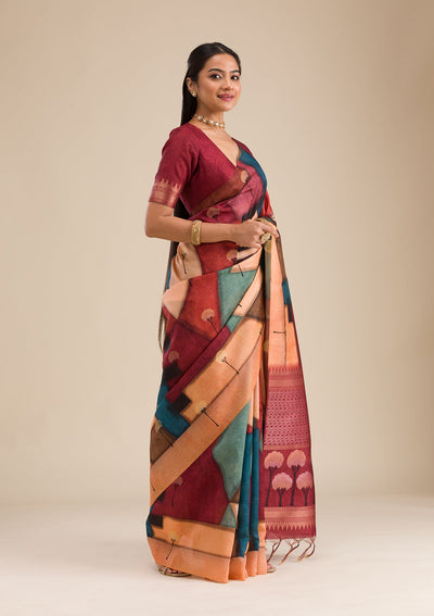 Maroon Printed Art Silk Saree-Koskii