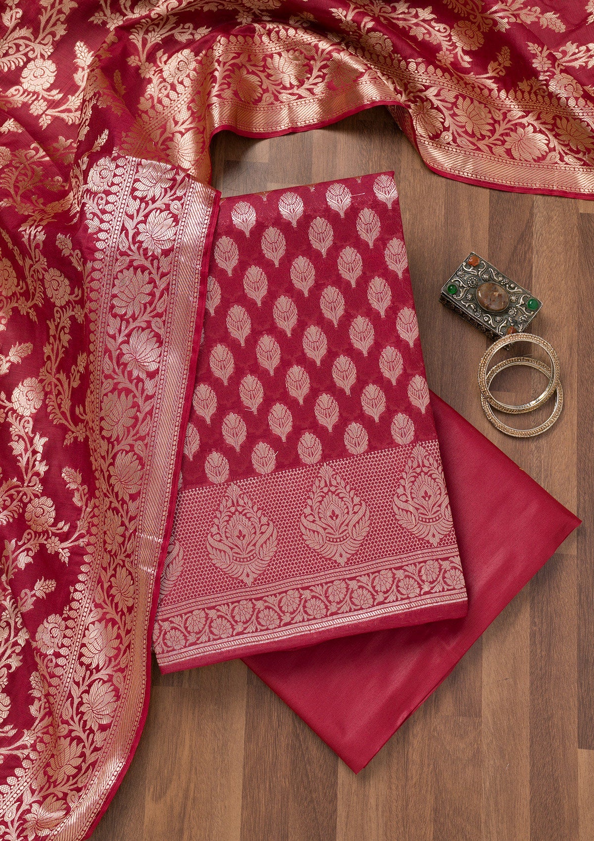 Maroon Printed Banarasi Unstitched Salwar Suit-Koskii