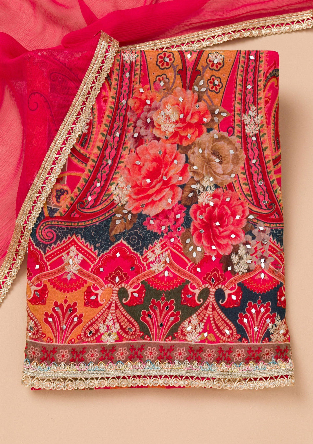 Maroon Printed Georgette Unstitched Salwar Suit-Koskii