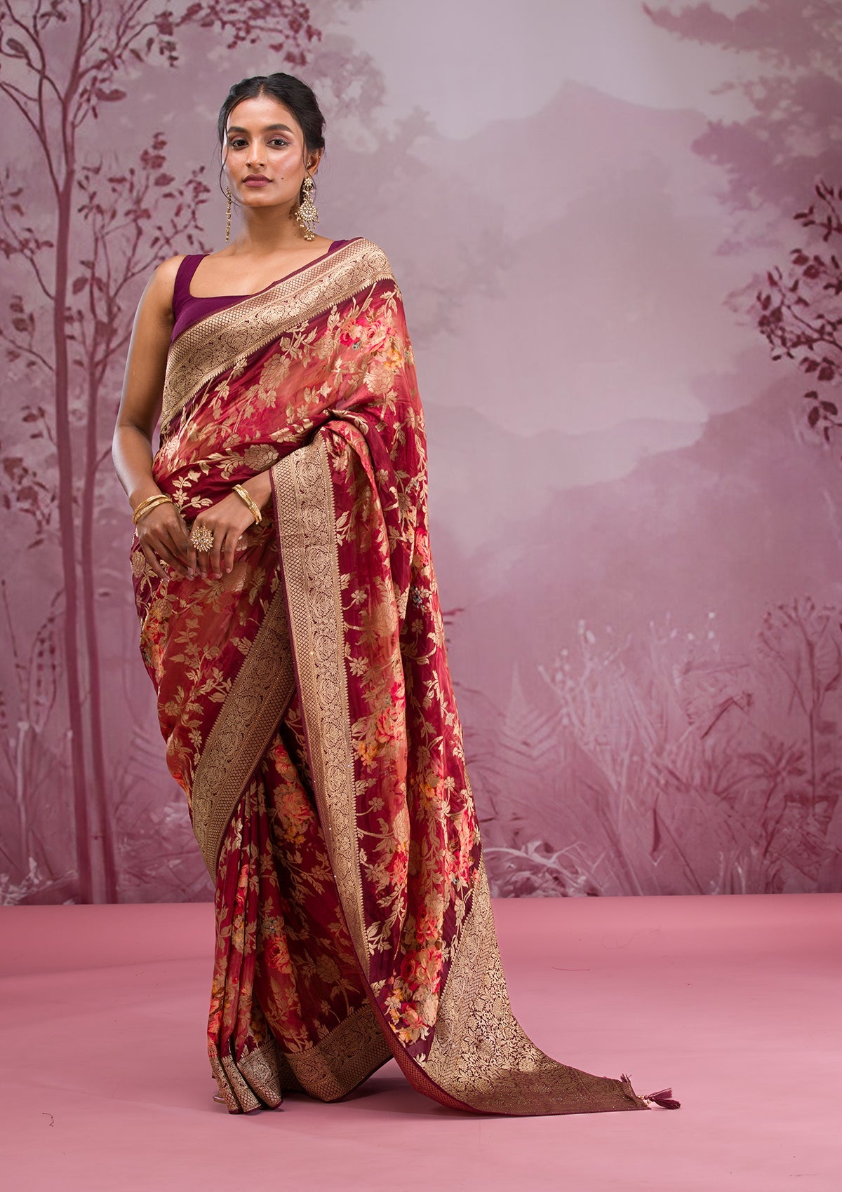 Maroon Printed Georgette Saree-Koskii