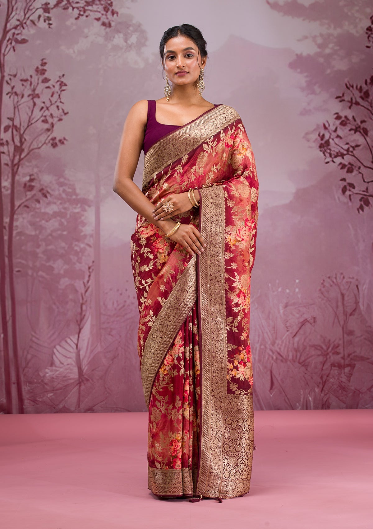 Maroon Printed Georgette Saree-Koskii