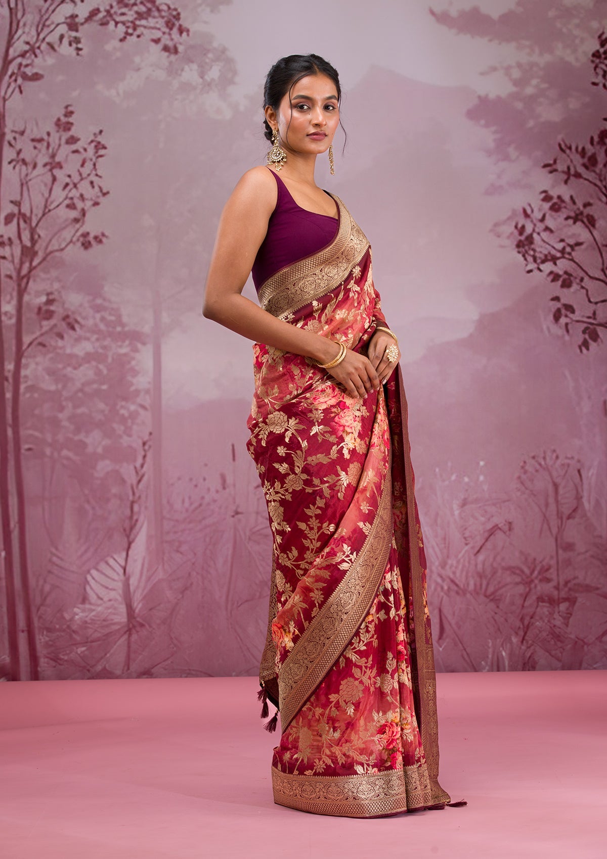 Maroon Printed Georgette Saree-Koskii