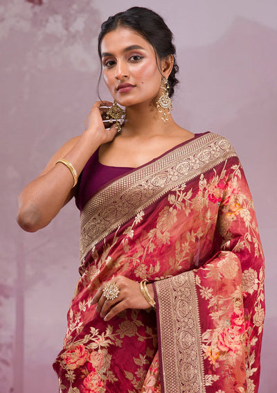 Maroon Printed Georgette Saree-Koskii