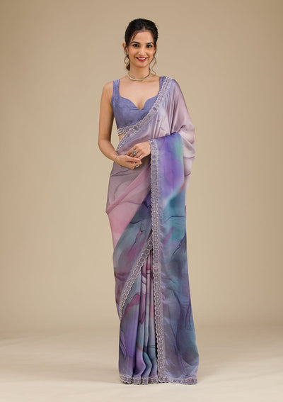 Grey Printed Georgette Saree-Koskii