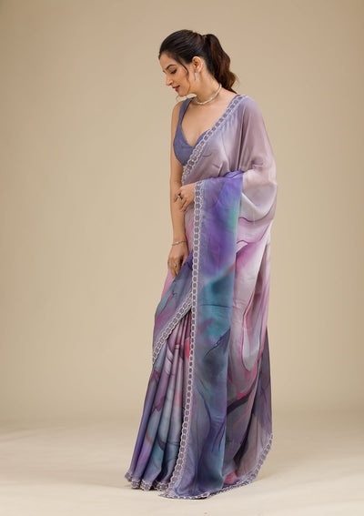 Grey Printed Georgette Saree-Koskii