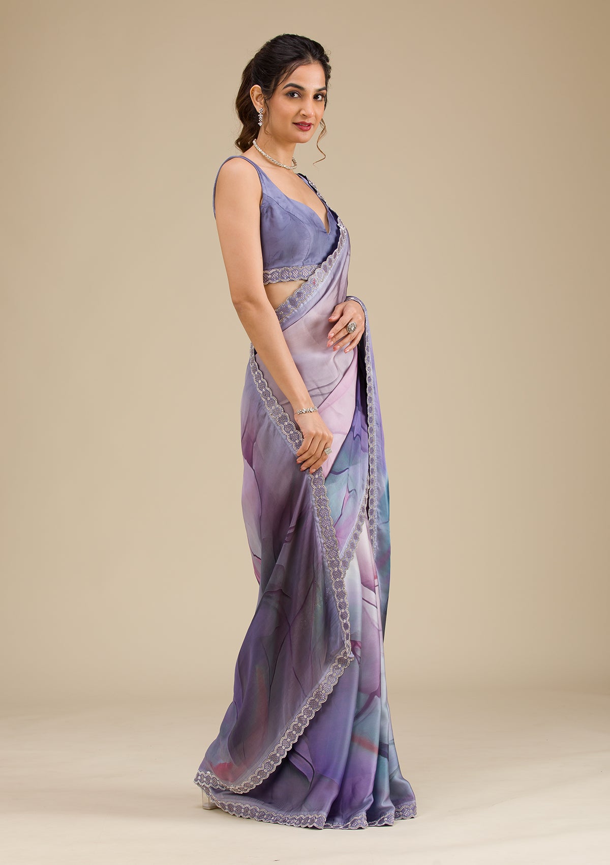 Grey Printed Georgette Saree-Koskii