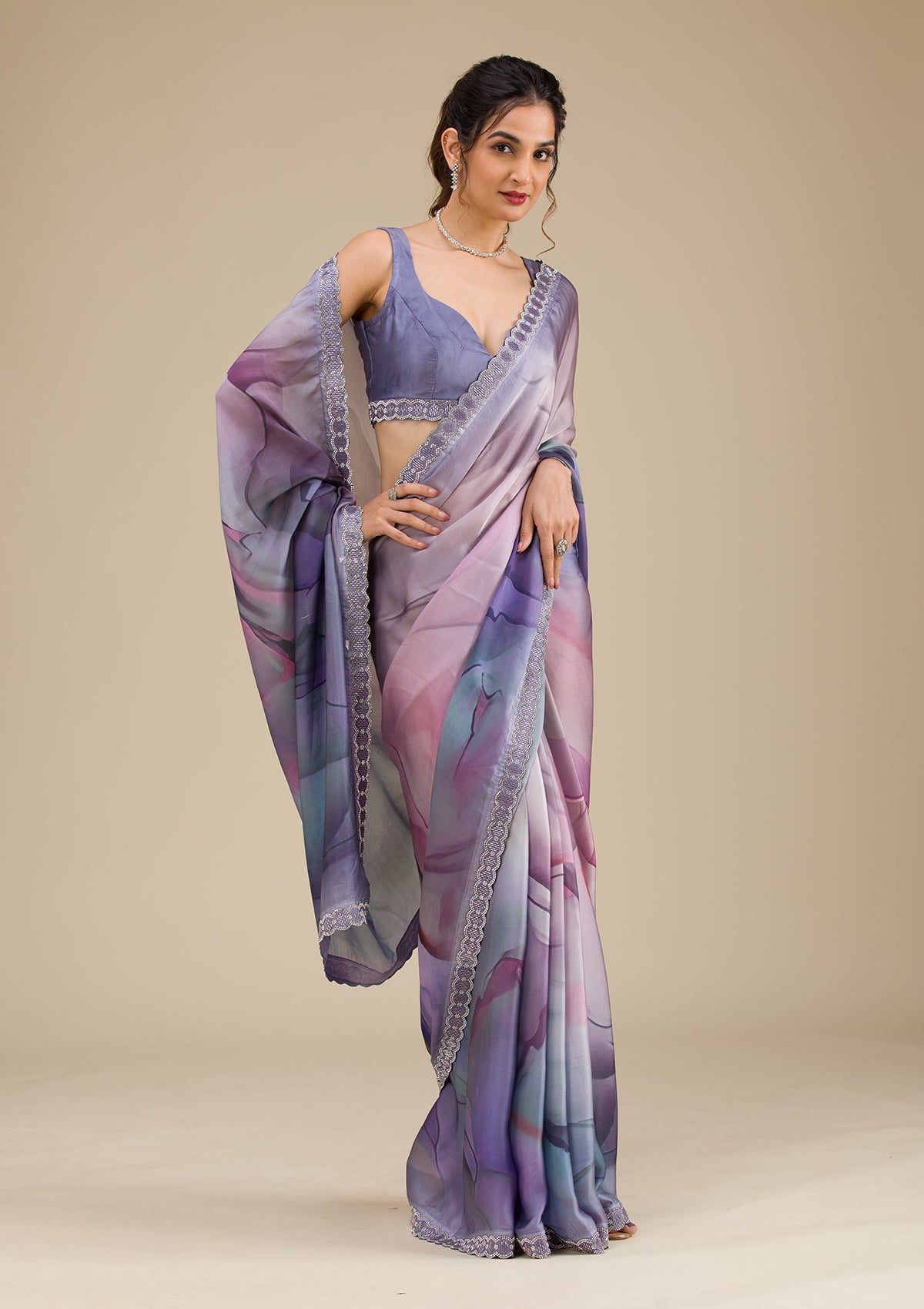 Grey Printed Georgette Saree-Koskii