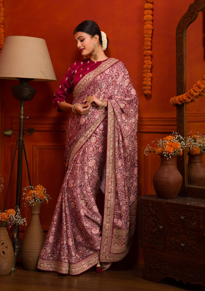 Maroon Printed Semi Crepe Saree