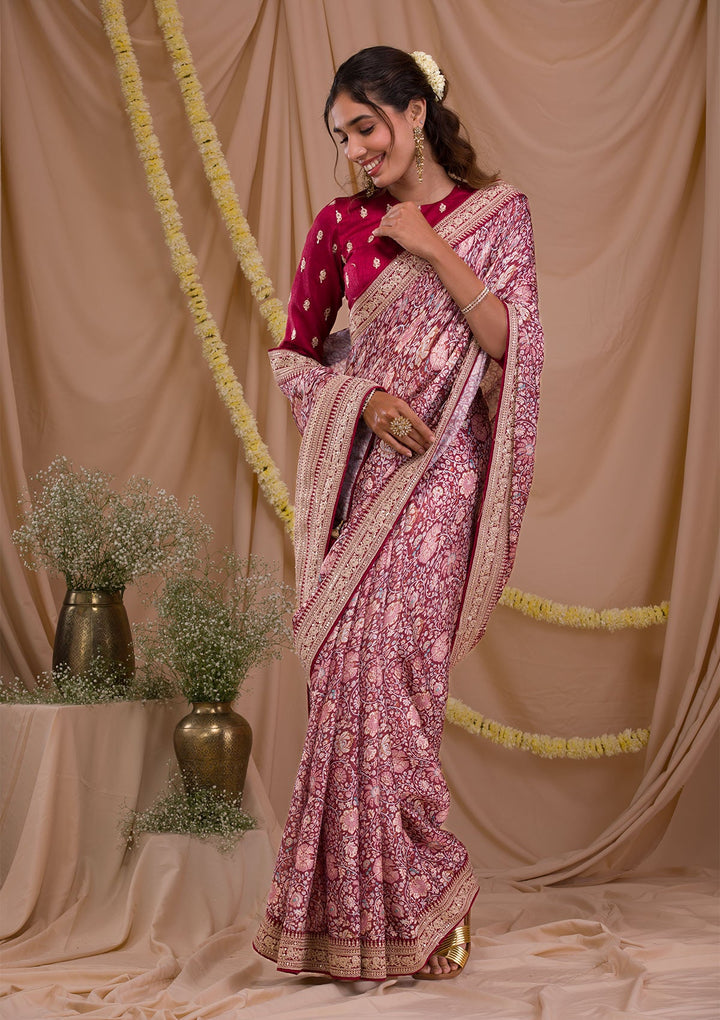 Maroon Printed Organza Saree-Koskii