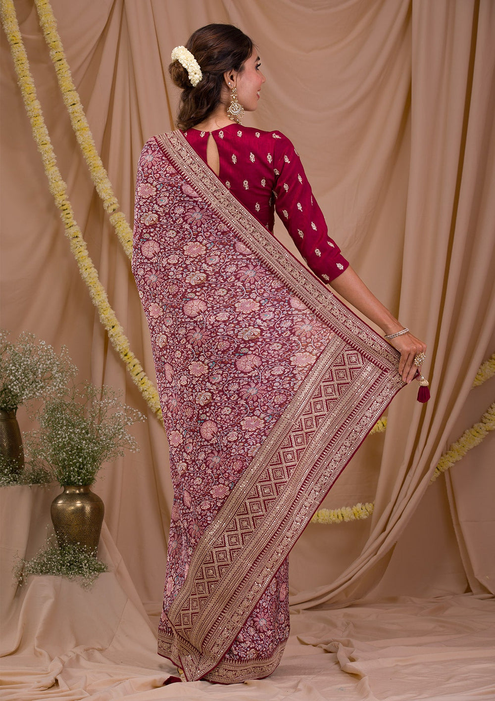 Maroon Printed Organza Saree-Koskii