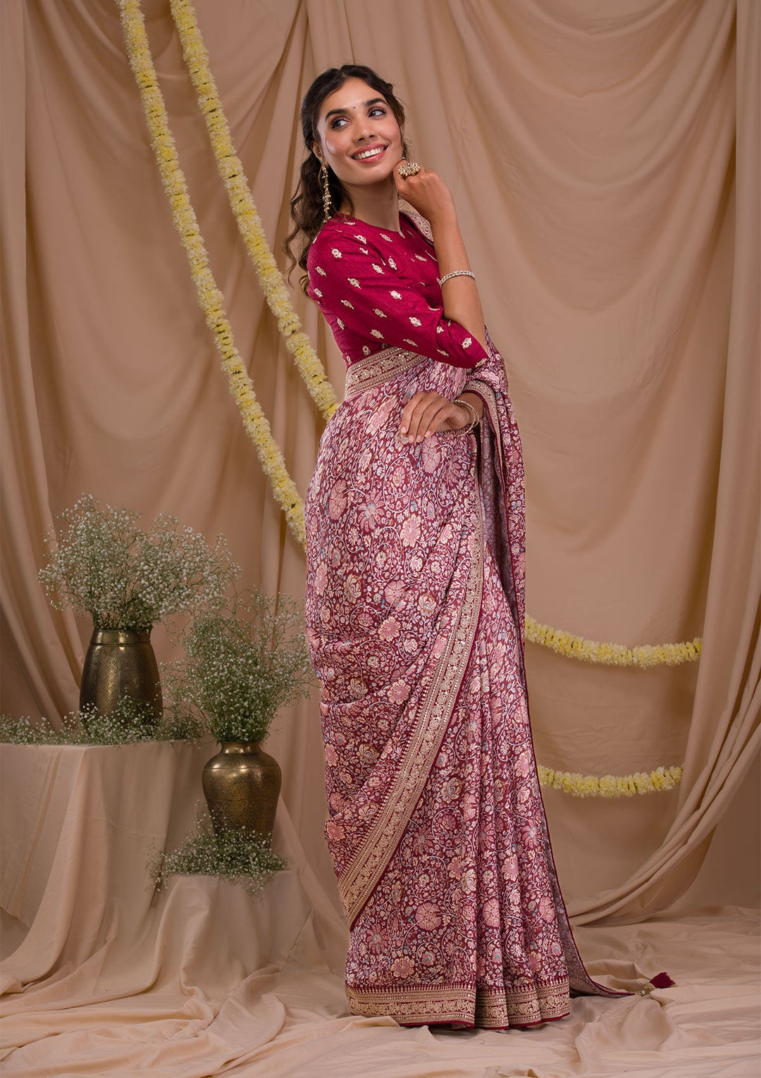 Maroon Printed Organza Saree-Koskii
