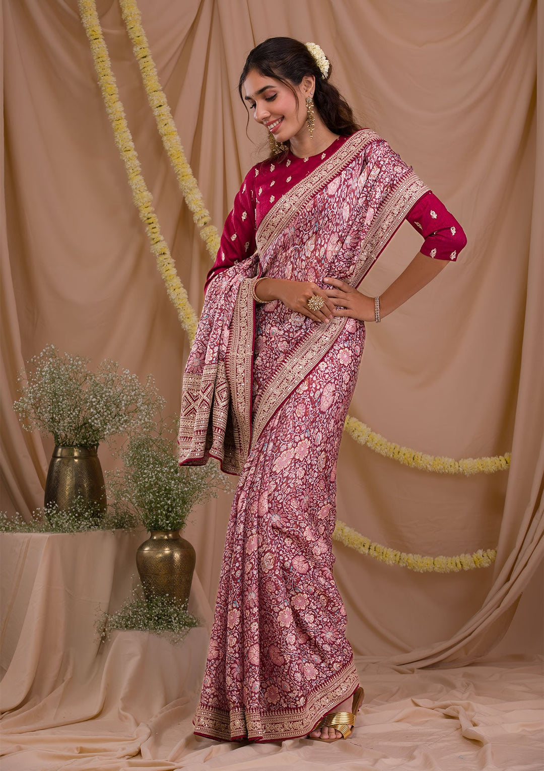 Maroon Printed Organza Saree-Koskii